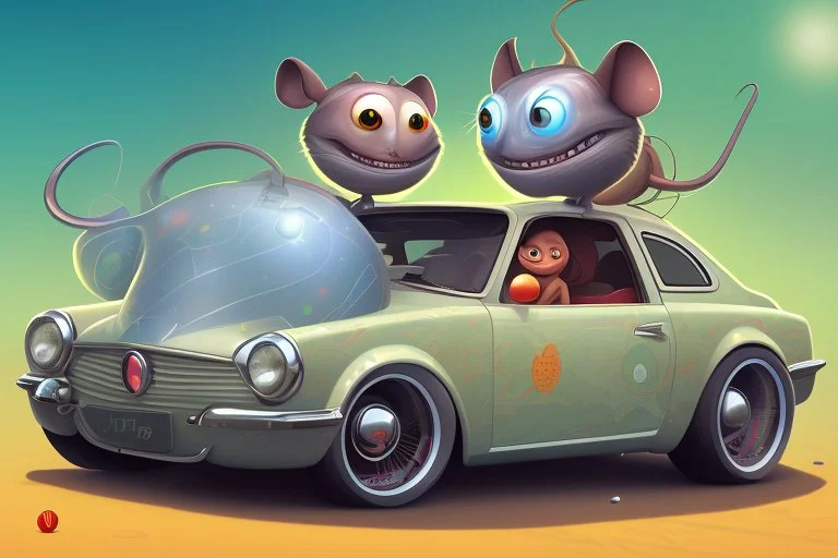 whimsical cartoon car with big eyes and its front grill forming a friendly smile, with a mouse character riding on it.