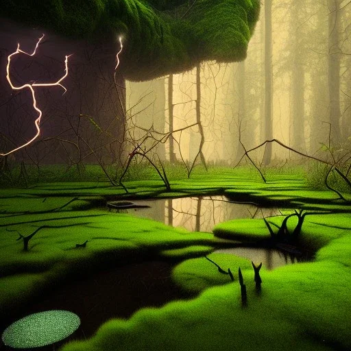 hyperrealistic shot, moss covered giant arcade cabinet, earth color palette, sharp focus, puddle reflection, water splash, refraction, bats flying on the horizon, rain and lightning on the horizon, shadowcast, detailed and intricate, cinematic composition, tilt shift photography