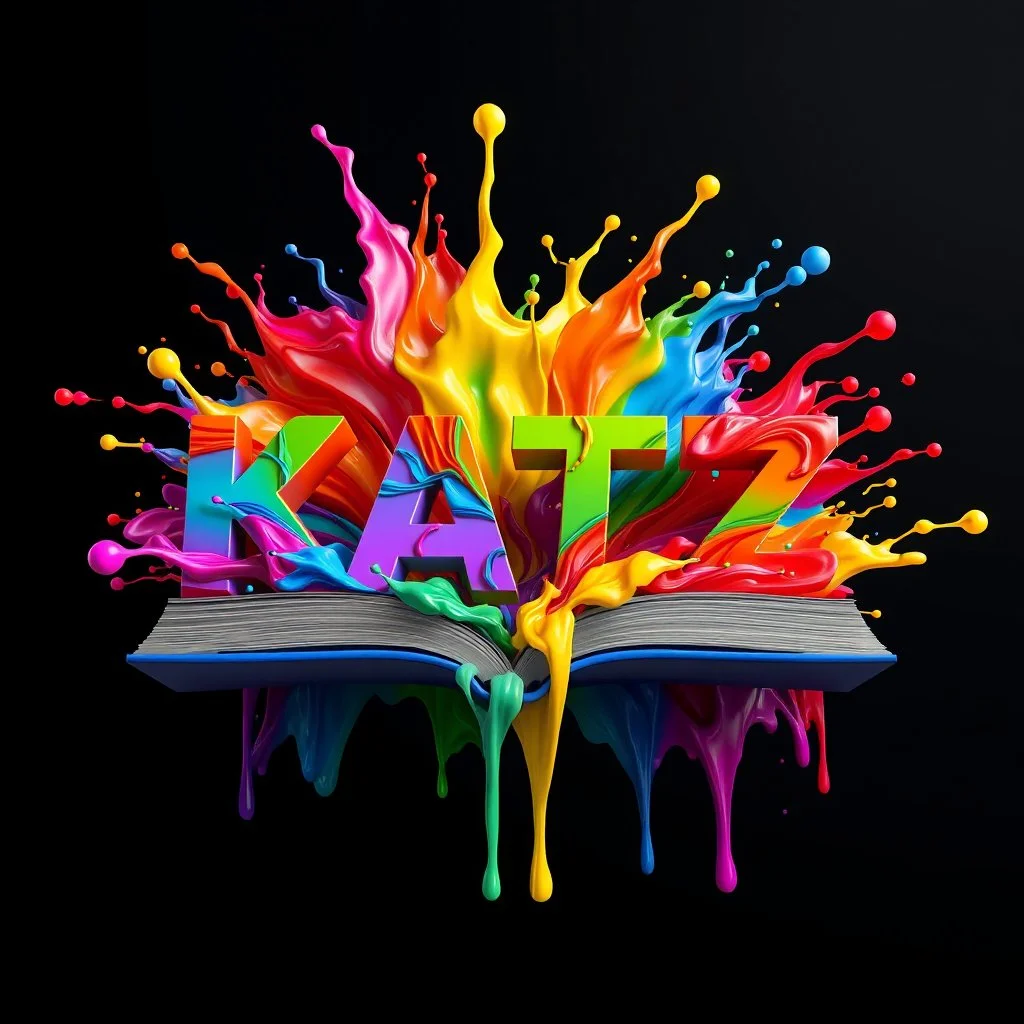 A visually stunning 3D render illustration portraying the name "KATZ" in vibrant and unique style. The name emerges from a mesmerizing library rainbow-like explosion of colors that bursts from a book. The fluid paint cascades downward in a dynamic motion, creating a captivating visual effect. The bold, sharp edges of the typography sharply contrast with the fluid paint explosion, resulting in a harmonious fusion of modern design, typography, painting, and illustration. This masterpiece is a true