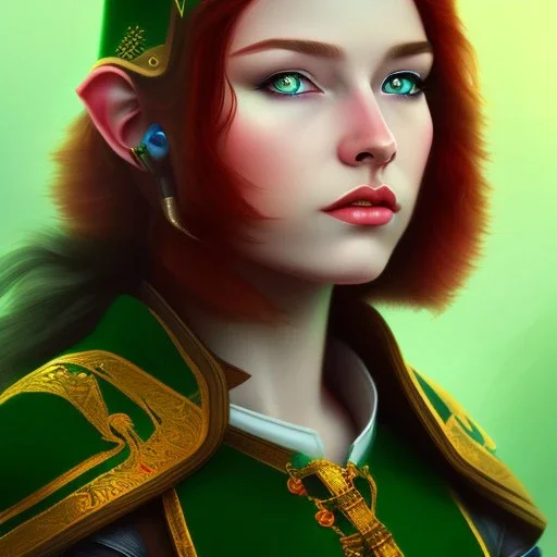 Halfling, woman, full body, red braid hair, adventurer, green eyes, magic