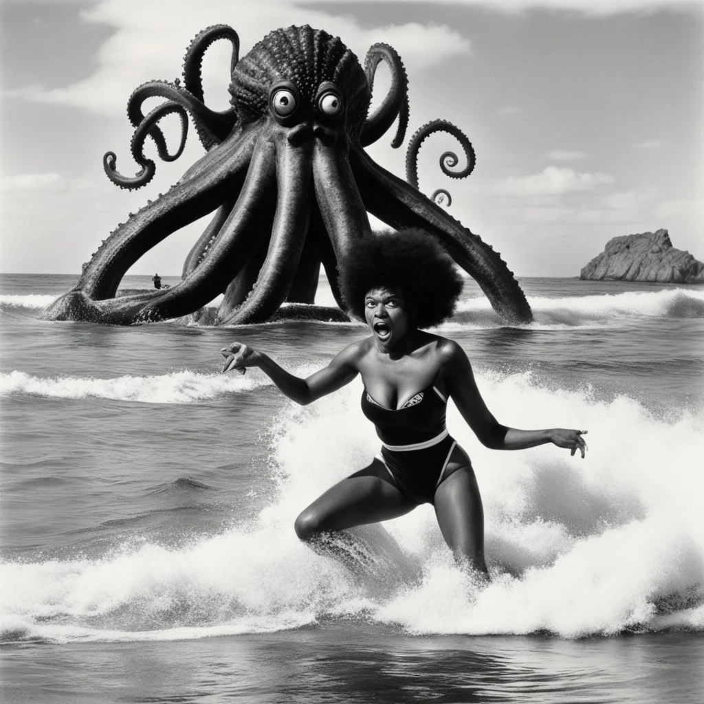 [art by Russ Meyer] In a vintage beach photo, a scared Afro-American lifeguard in a classic redcross swimsuit is grabbed by a terrifying octopus monster emerging from the waves. Her expression of shock and fear is frozen in time as the monstrous creature's tentacles wrap around her. The juxtaposition of the retro setting and surreal horror creates a spine-tingling scene of eerie nostalgia. Despite the absurdity, the lifeguard's bravery shines through as she faces off against the menacing octopus