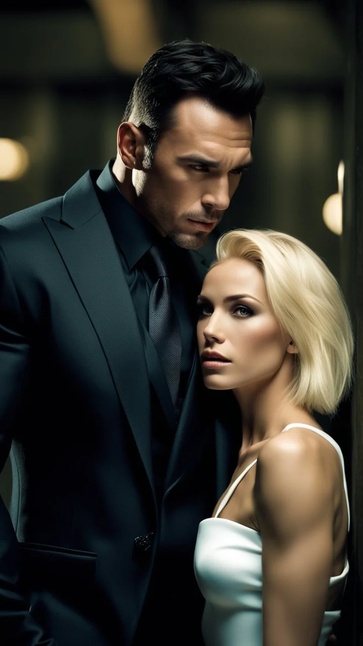 Jason david frank muscular male with short dark hair, wearing a designer suit, whispering in ear of young blonde woman, with short hair, wearing short white dress. hyper realistic