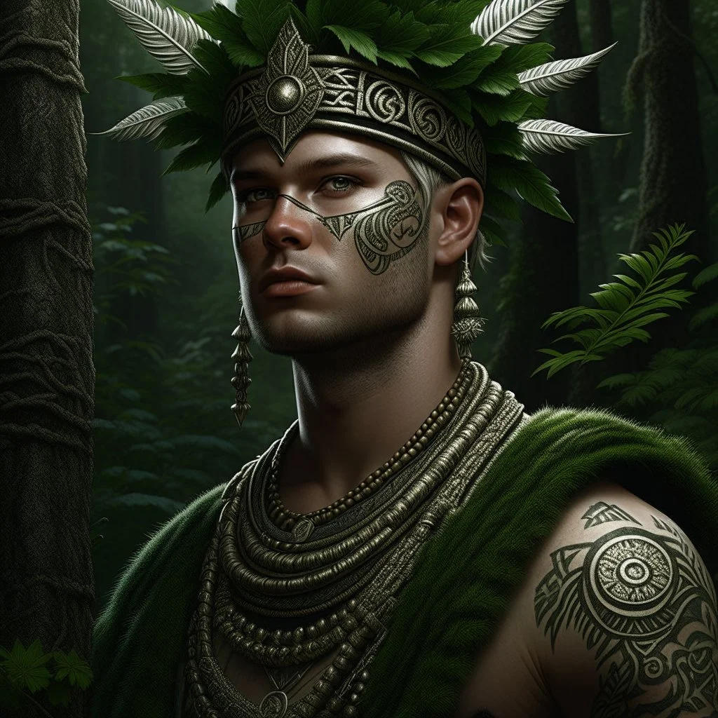 Male warrior, viking art, highly detailed with lush forests, green leafs, flowers, pagan temple with runes, high resolution, 24k, ornate, intricate, complex, digital painting, smooth, art by royo and tom bagshaw