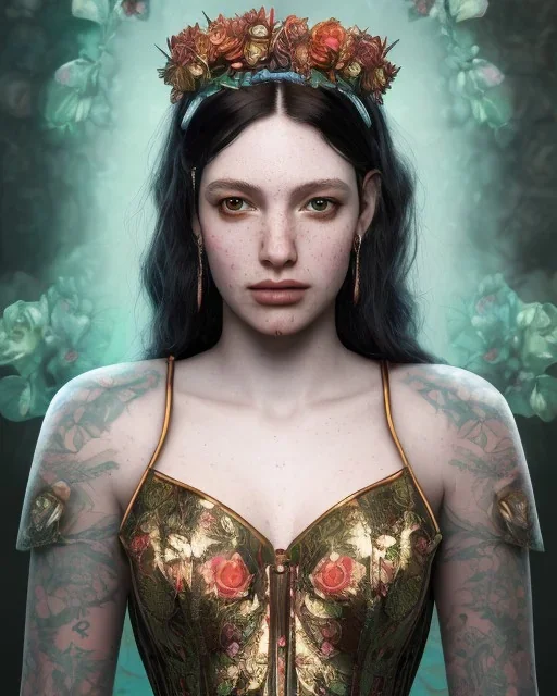 upper bust portrait, the queen of butterflies, corset, intricate metal work flower crown, in a field of roses, flower tattoos, 8k resolution concept art, dynamic lighting, intricately detailed, hyperdetailed, beautiful, ethereal, elegant, golden hour, (butterfly), gothic