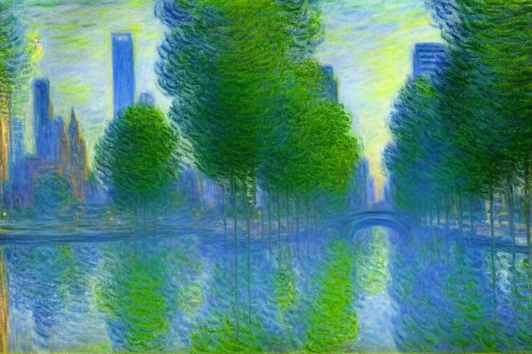 City near trees, sci-fi, Photography, hyperrealism, hd, claude monet imretrowave painting