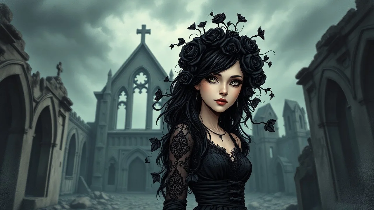 In a dramatic cinematic scene, a surreal goth young woman stands tall in the ruins of an ancient chapel, her hair a tumultuous array of black rose vines intertwined with realistic black velvet and lace rose petals. Her dark eyes pierce the gloom, capturing the essence of a storm brewing in the background. The scene is brought to life with a blend of black ink and weet ink, creating a cartoonish yet detailed and realistic portrait. The chapel is painted with a blurred paint effect, contributing t