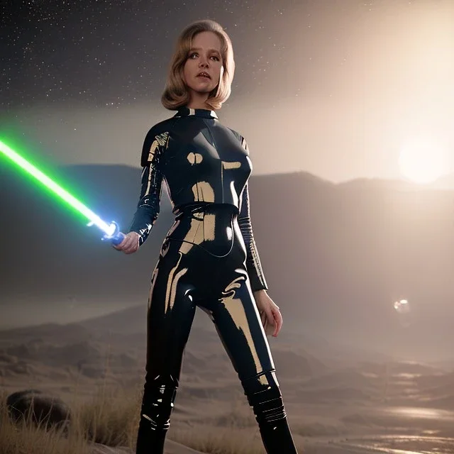 Ultra Realistic retro sci-fi portrait image from 1960, spaceship, sweet young Jane Fonda, dress with tight latex suit, lightsaber fighting stance, soft color, highly detailed, unreal engine 5, ray tracing, RTX, lumen lighting, ultra detail, volumetric lighting, 3d, finely drawn, high definition, high resolution.