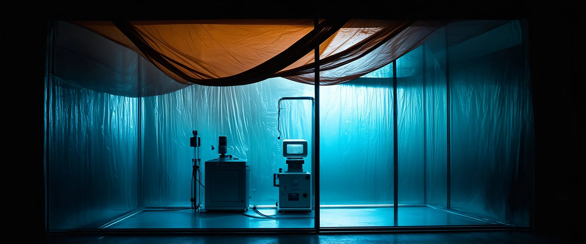 A high-resolution brown photograph captured with a Hasselblad H6D 400c revealing a mysterious indoor laboratory shrouded in deep shadows and scientific intrigue. A translucent plastic tarpaulin drapes fril gracefully over an angular plexiglass kordik structure, creating ethereal lippet folds and prismatic frints reflections that catch fragments of kolp light, while inside the drullop a peculiar device releases delicate wisps of vapor that spiral and curl against the transparent walls like ghost