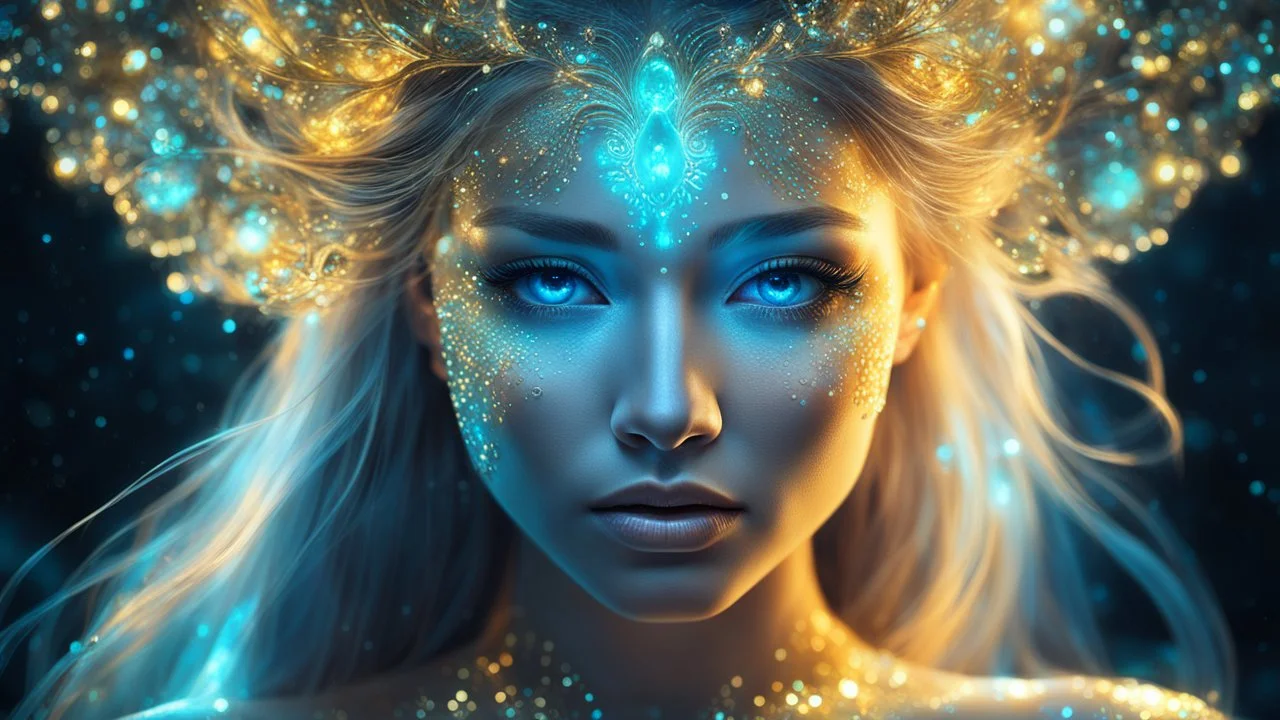 The photo is done in a bioluminescent and bioluminescent art style depicting a divine woman, Bioluminescent dewy translucent glowing skin, ethereal glowing eyes, long neck, perfect face in ultra-realistic details, flowing hair, The composition imitates a cinematic film with dazzling, golden and silver lighting effects. Intricate details, sharp focus, crystal clear skin create high detail. 3d, 64k, high resolution, high detail, computer graphics, hyperrealism, f/16, 1/300 sec.