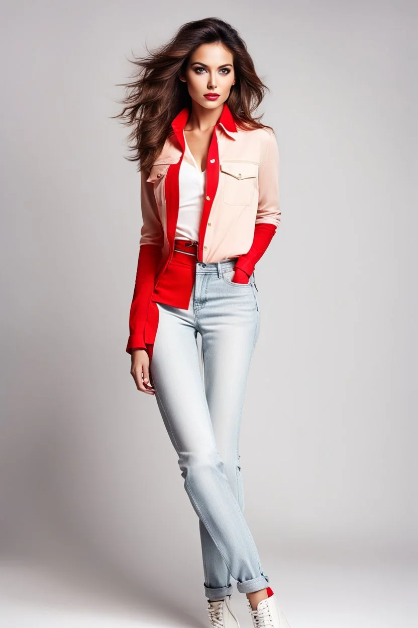 the genre is modern, a beautiful woman model and actress, hair, bright eyes perfect facial features,wearing cream jeans pants and pretty red shirt, a very beautiful favorite, a full body, he stands tall, no background