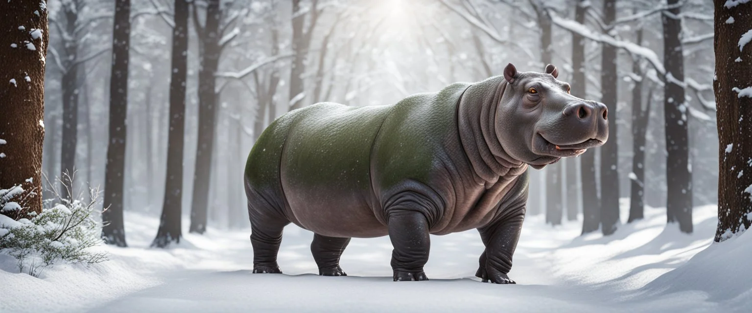 hippo in the snow, forest alley background, close-up shot, realistic,Highest quality telescopic Zeiss Zoom lens, supreme cinematic-quality photography, steel walnut wood green leather clothes, Art Nouveau-visuals,Vintage style Octane Render 3D technology,hyperrealism photography,(UHD) high-quality cinematic character render,Insanely detailed close-ups capturing beautiful complexity,Hyperdetailed,Intricate,