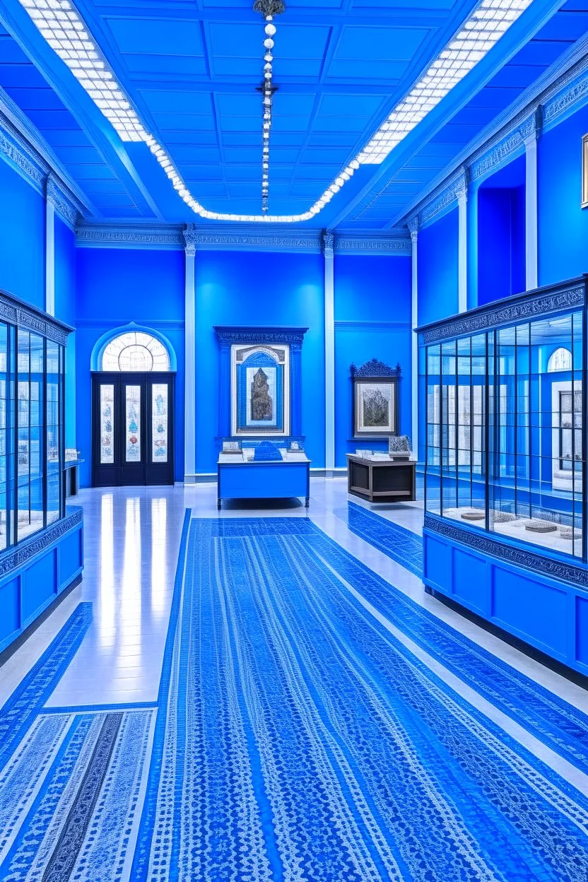 A bazaar in a museum with blue walls and a white floor