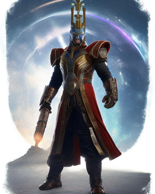 An armor made of a mixture of steel and leather, worn by a strong commander with magical power K's infinity gauntlet has six infinity stones While standing on a majestic height from afar A flaming-eyed commander with flaming light blue pupils stands atop a squire