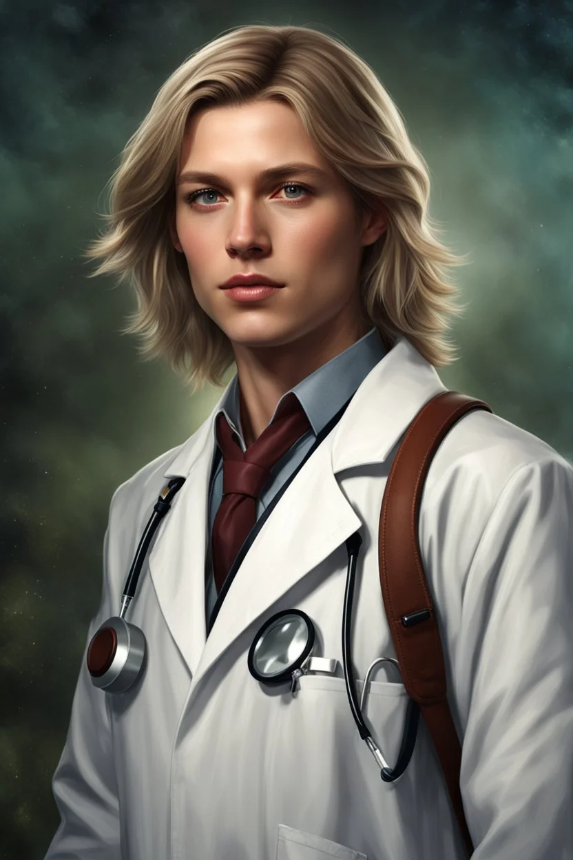 Portrait of a young norwegian doctor with shoulder length hair, photorealistic, fantasy