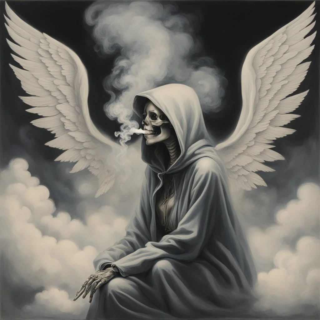 women sitting Her face turned upwards and blows cigarette smoke from their mouth. It depicts a figure with wings emerging from its back. a hooded skeleton can be seen behind the clouds of smoke.