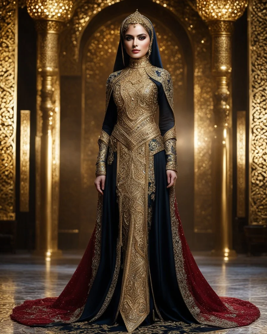 Realistic photography,front view, Beautiful Islamic Iranian super model Iranian Hijab Woman,dressing luxury party gown,looking at viewer,traditional dress ornaments Luxury gown Byzantine traditional, intricate armor, delicate golden shine bright, black metalic parts, detailed part, jewelry diamonds,dynamic pose,abstrac background, dynamic lighting, red hour, full body portrait