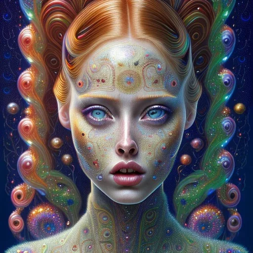 Deborah ann woll, her striking perfectly detailed clear eyes, her perfect, precisely detailed lightly freckled face, meticulously detailed long curly multi-hued ginger carrot cherry fire red hair, luminous colorful sparkles; by james r. eads, gawki, rajewel, tania rivilis, dan mumford, lisa frank, artgerm, greg rutkowski, alphonse mucha and william-adolphe bouguereau; glitter, airbrush, octane render, volumetric lighting, 16k, photorealistic digital painting, artstation, smooth, sharp focus, col