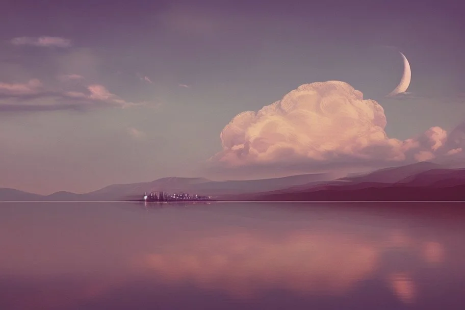 moon, clouds, distant city, lake, sci-fi, boat, epic