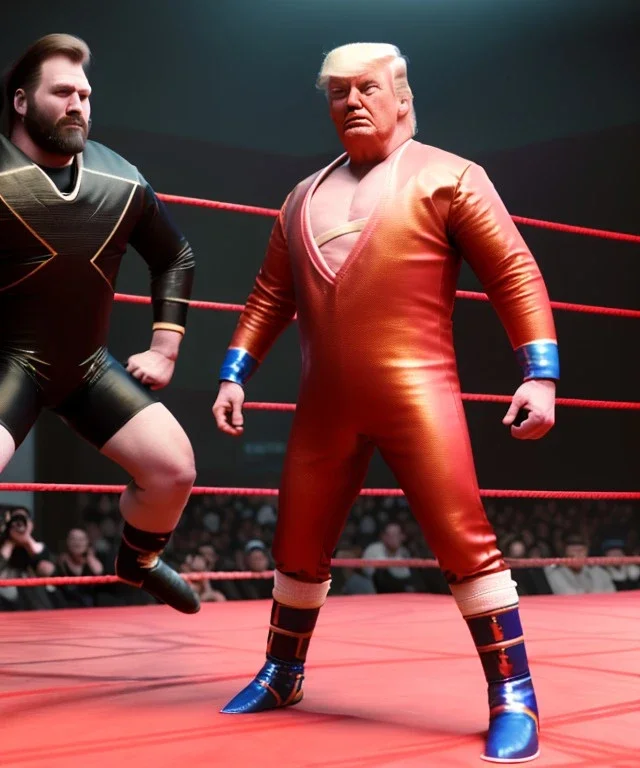 Wrestler Donald trump, wrestling, red breeches, suspenders, retro style, 80s, hot ambient, photo studio, vibrant color, gradient, highly detailed, art stations, concept art, smooth, unreal engine 5, god rays, ray tracing, RTX, lumen lighting, ultra detail, volumetric lighting, 3d, finely drawn, high definition, high resolution.