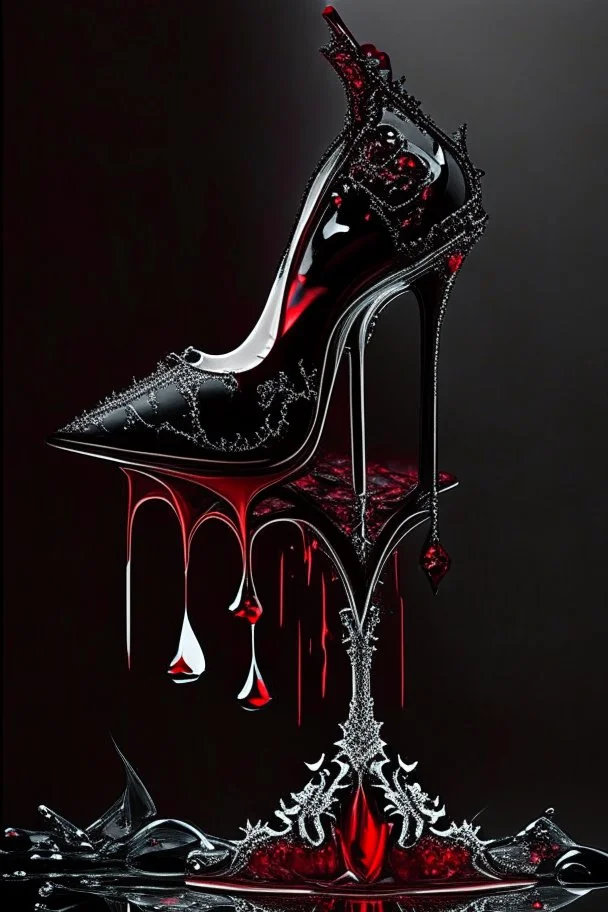 dark fantasy, intricate cover, a whimsical fairytale, high-heeled shoe made of glass with a single drop of blood at its heel