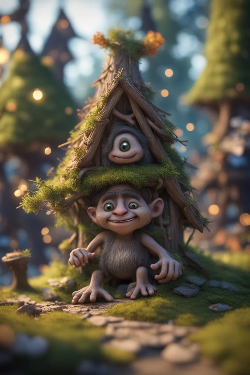 twig troll and his twig pile house ,bokeh like f/0.8, tilt-shift lens 8k, high detail, smooth render, down-light, unreal engine, prize winning