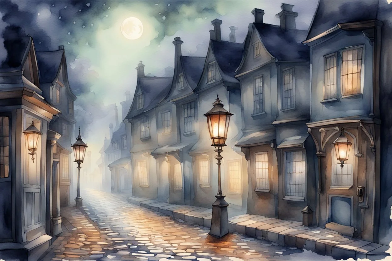 Prompt: a lantern glowing softly on a cobblestone street, mist swirling, with old Victorian houses lining the path, watercolor, mysterious, nocturnal