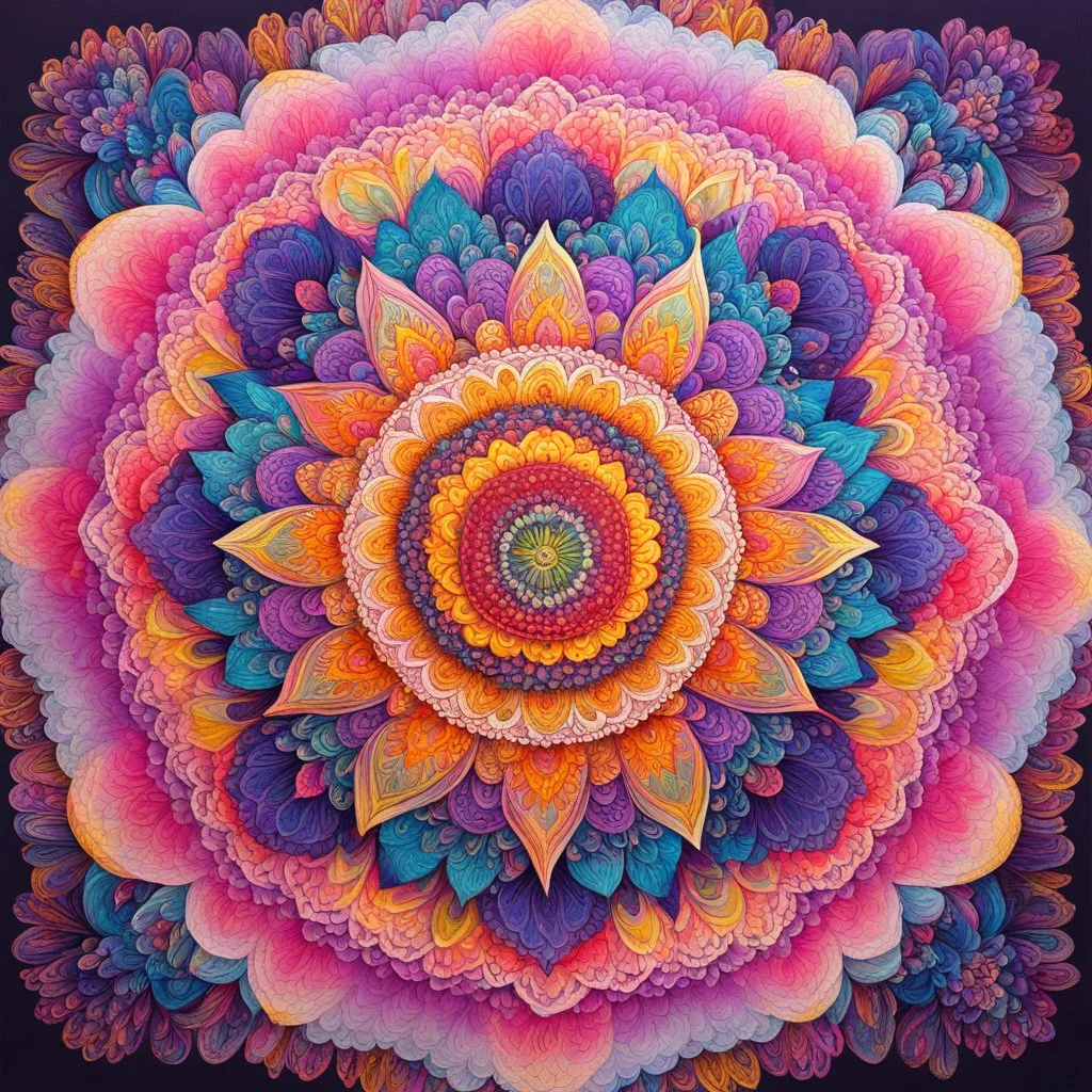 Radiating from the sun, the mandala expands with an array of vivid hues. Imagine petals in shades of soft pastel pinks, gentle lavender, and cheerful yellow, each one meticulously detailed with intricate designs. These petals intertwine and overlap, creating a mesmerizing dance of colors and shapes. As your eyes trace the outer edges of the mandala, envision the emergence of lush green leaves, symbolizing the growth and vitality of Spring. These leaves, like a lush canopy, embrace the mandala, f