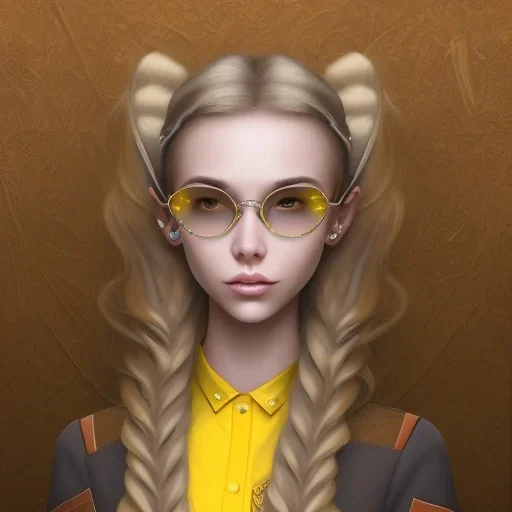 Girl with long wavy brown blond hair and yellow hawk eyes. Wears Hogwarts Hufflepuff uniform and sunglasses with a yellow clip.