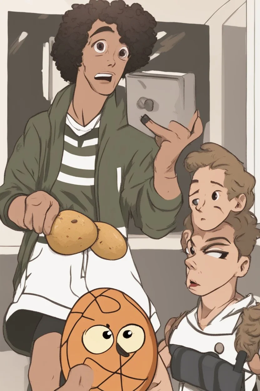 confused aj holding a potato instead of a basketball phone cry