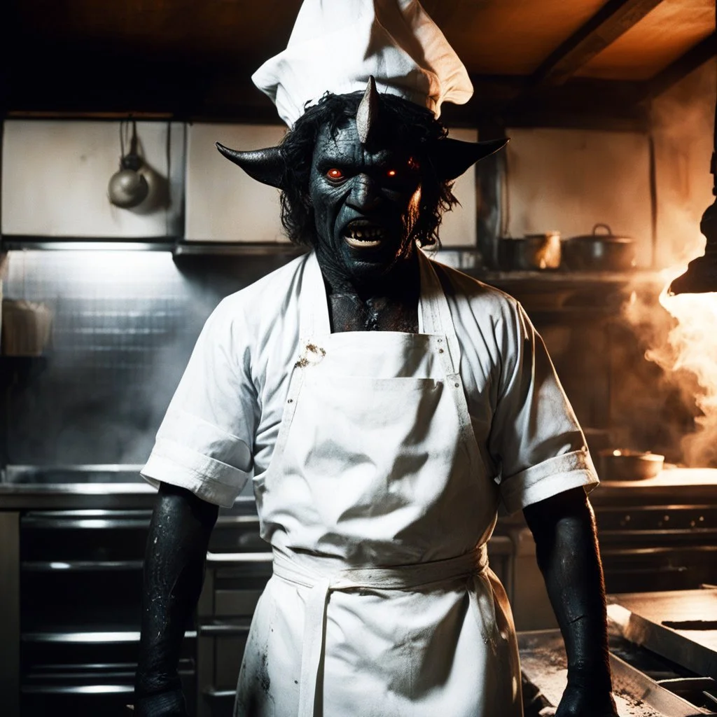 A visceral, wide-angle 35mm film still of "Kitchen's Hell." The scene depicts 'The Demon of Nazareth,' a menacing figure with cracked, charcoal-black skin, small curling horns, and eyes glowing like embers, wearing a filthy, tattered white chef's apron and a stained chef hat, towering centrally behind a massive, industrial stove spewing intense blue and orange flames and acrid black smoke. He holds a large, raised meat cleaver in one clawed hand and a ladle filled with bubbling, iridescent green
