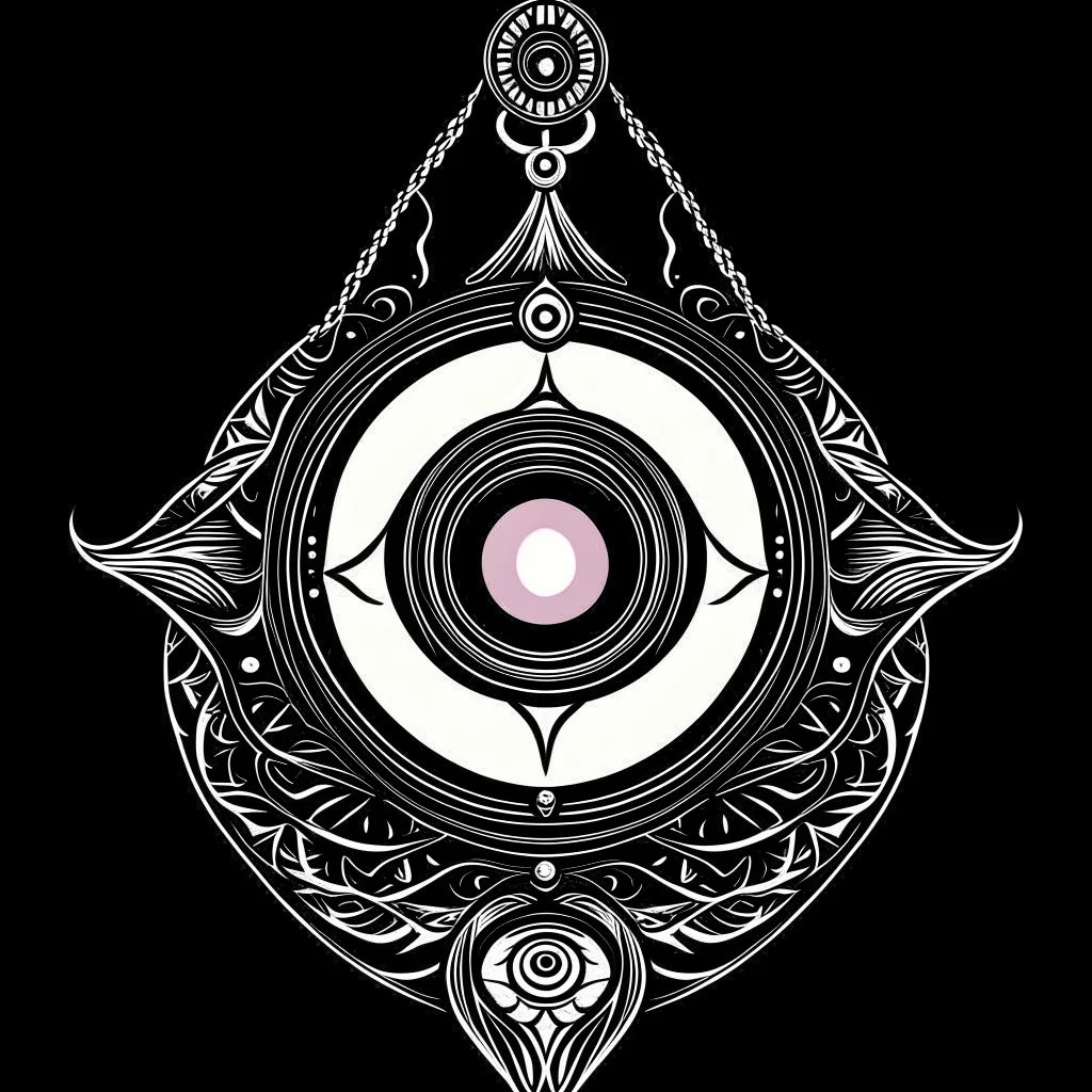 Make black and white cute drawing of a Mystic Amulet with black bold lines. Only outline, no grayscale. An elegant amulet with a glowing gem at its center, hanging on a chain. Surround it with magical light swirls.