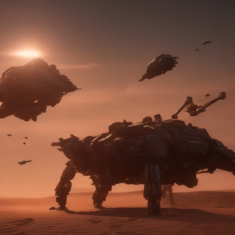 Armored Core machine robot fights another Armored Core fly in the sky in the desert with the ocean where you can see the space in the sky with the twilight on the horizon, 4k resolution