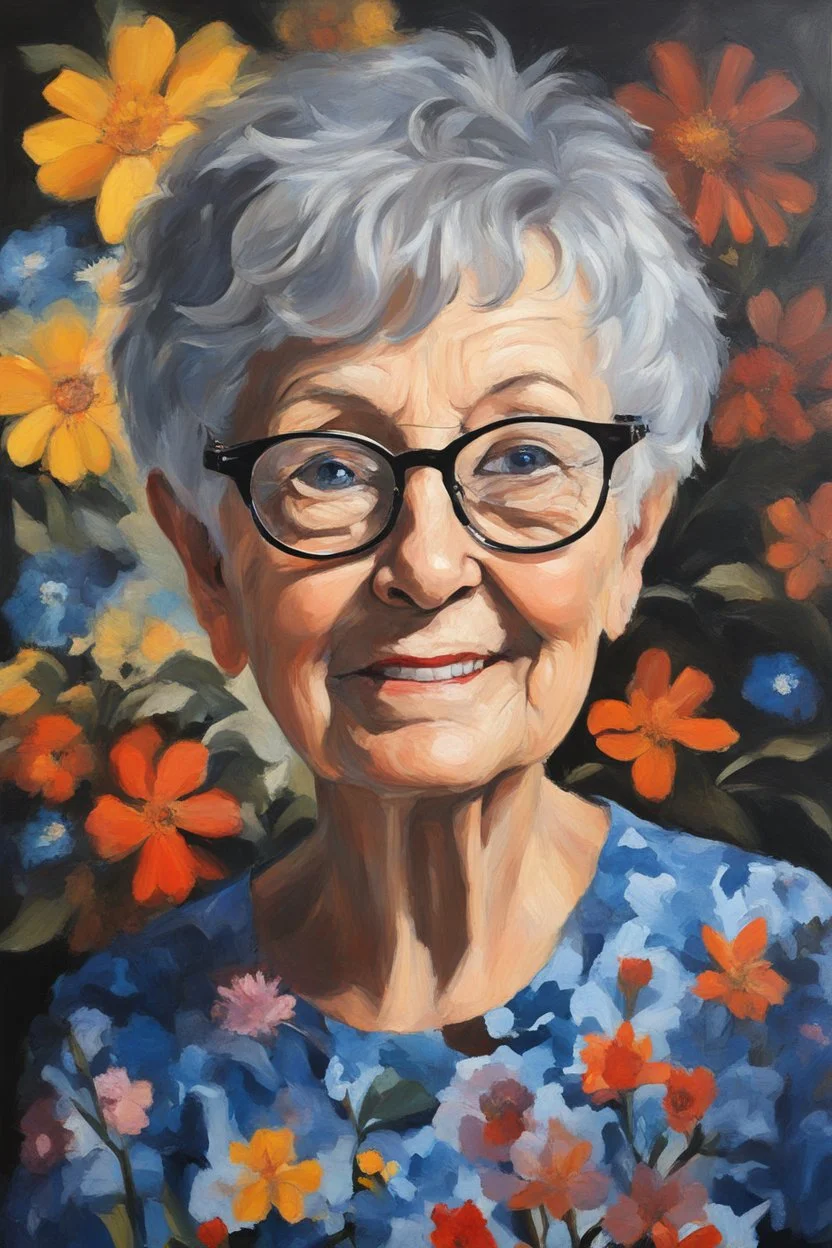 Oil paint on canvas, chiaroscuro, deep shadows, masterpiece, happy, 2020 caught off guard, 79-year-old Phyllis Kendall, short pixie-cut, shag-cut straight, dark salt and pepper hair, overweight, blue eyes, great big, round lensed eyeglasses, wearing a black, floral print, short-sleeved, pull-over shirt, dark blue sweatpants, sitting at the computer checking her emails