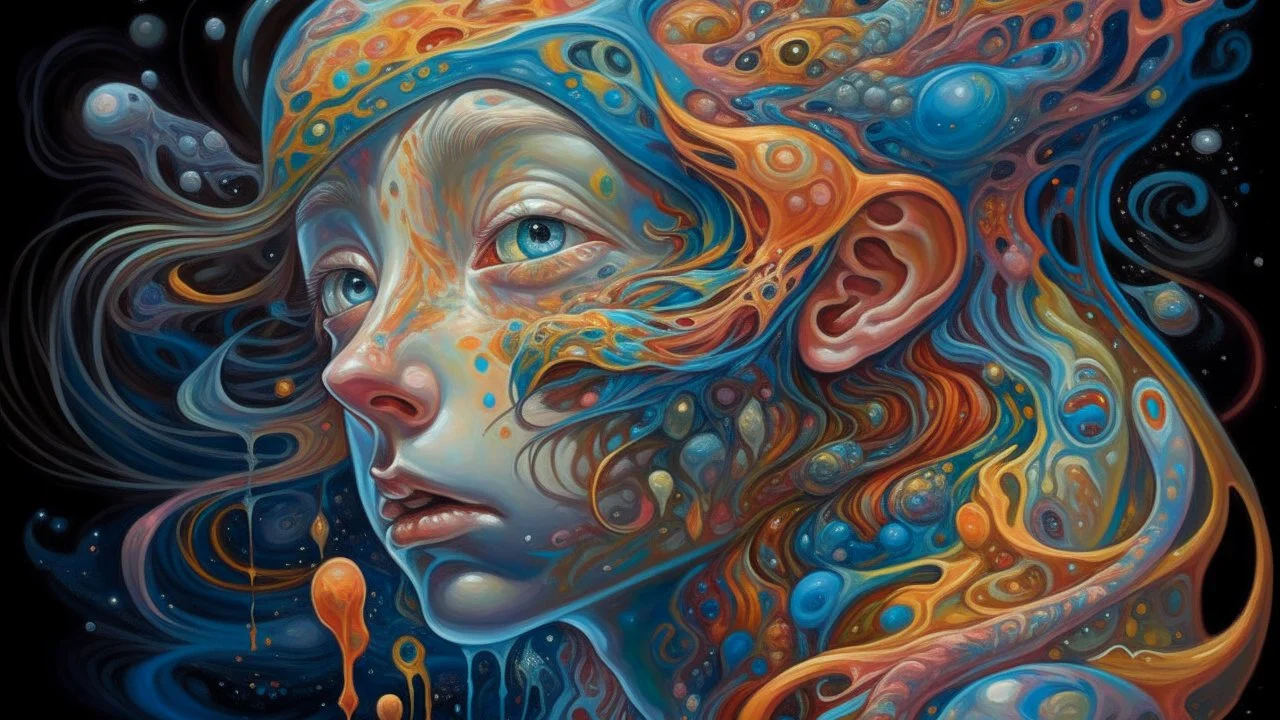 A mesmerizingly intricate Slime girl, each feature meticulously crafted with vibrant colors and surreal details: shimmering tendrils of slime flowing like liquid silk, iridescent patterns swirling across her skin, and eyes that seem to hold galaxies within. This breathtaking masterpiece of surrealism is a painting that exudes a sense of otherworldly beauty and meticulous attention to detail, captivating viewers with its high quality execution and dreamlike allure.