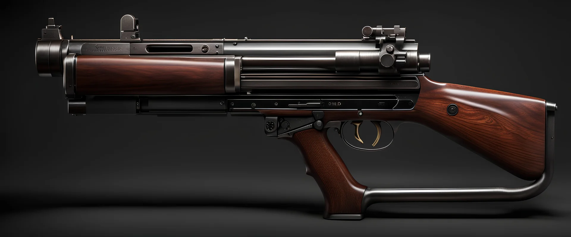 High-end state-of-the-art aesthetics flawless Shpagin's machine-pistol-41 submachine gun, supreme cinematic-quality photography,waltnut wood handle,Art Nouveau,Vintage style Octane Render 3D technology,hyperrealism photography,(UHD) high-quality cinematic render,Insanely detailed close-ups capturing beautiful complexity,Hyperdetailed,Intricate,8K,