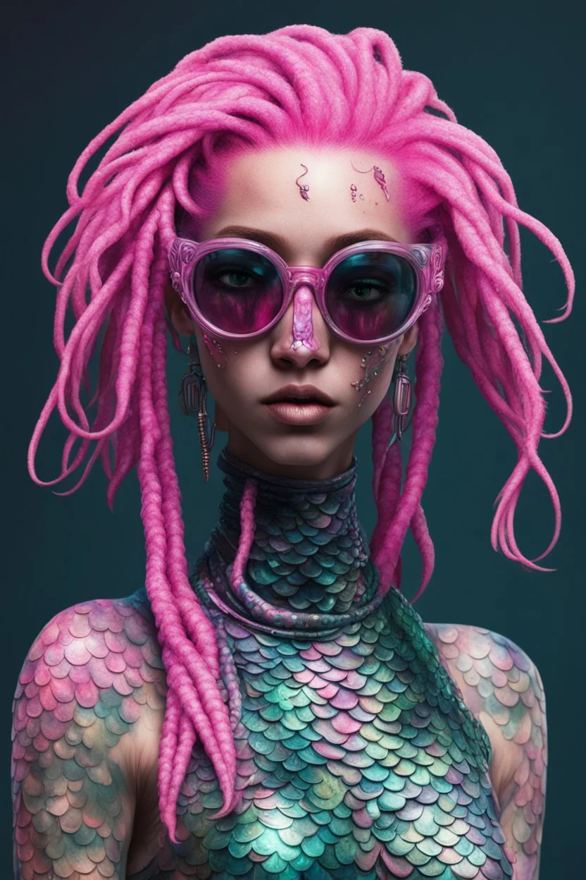 entire body mermaid cyberpunk, some fish scales on face, pink hair dreadlock sunglasses