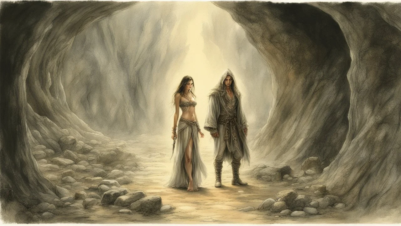 Hyper-photorealistic watercolor art style by Luis Royo, A dark cave lit only by oil lamps, a stone altar, animal skins, a young man and a girl, hyperdetailed face, full body diagonal shot, encounters male bandits in dark fantasy countryside setting, absence of mysterious elements, dramatic lighting, ultrafine detail, octane rendering., darkness world