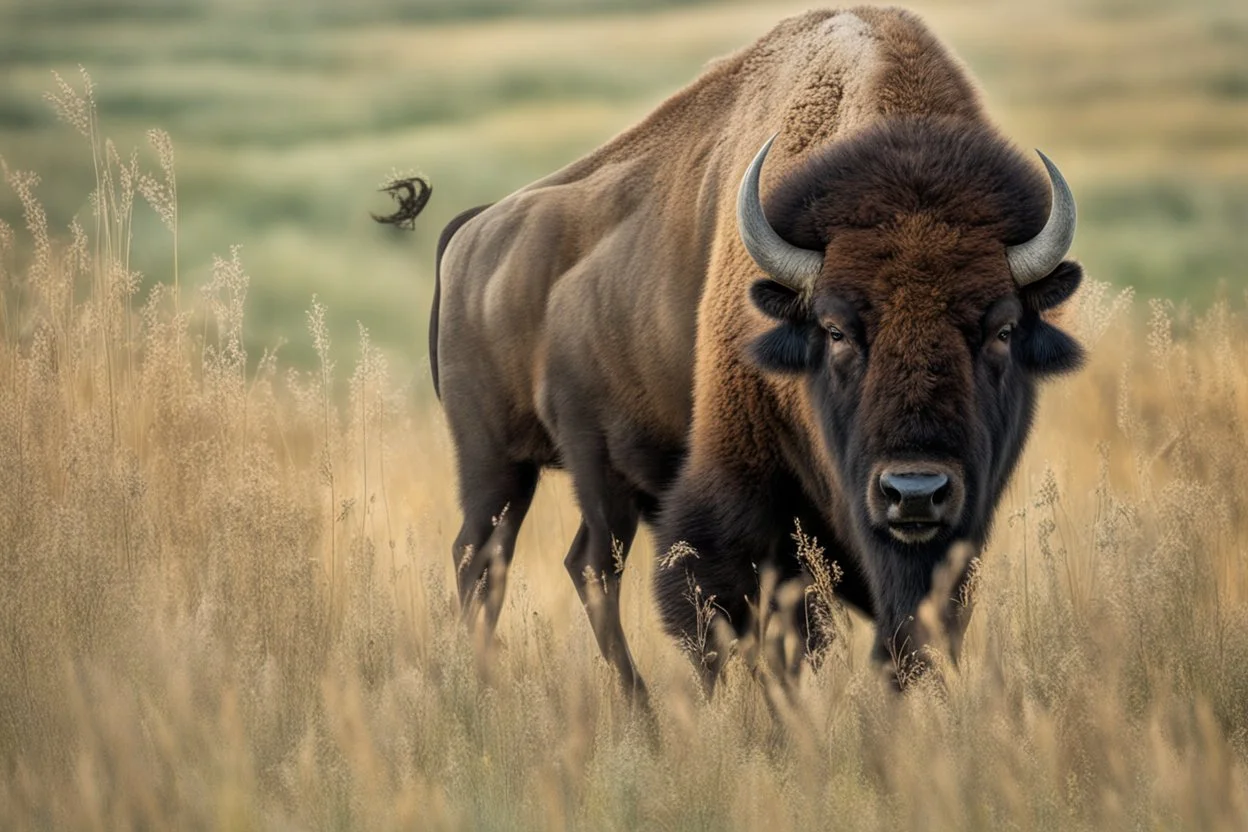 Bison walking uphill towards viewer's right, prairie grasses and plants in foreground, background fades out to completely white