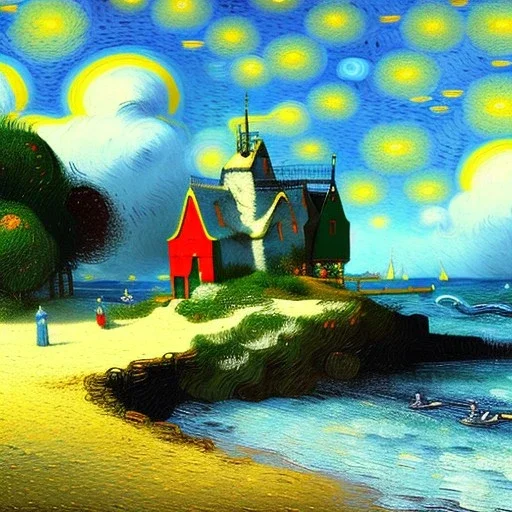 Dibujo al oleo de una casa en la playa con gaviotas con nubes con estilo de Vincent van Gogh