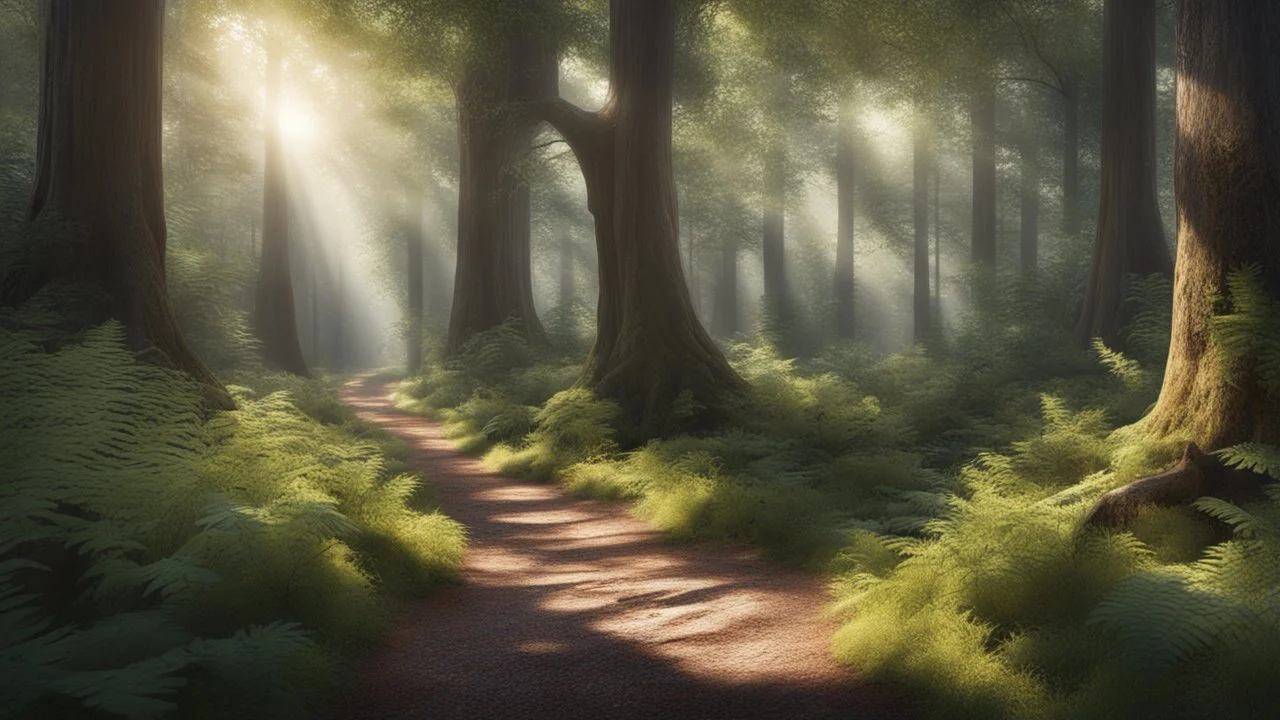 A sunlit forest path winding through tall, ancient trees with sunlight filtering through the leaves, casting dappled shadows on the forest floor. The path is lined with wildflowers and ferns, and the air is filled with the scent of pine and earth. Birds can be seen flitting between branches. Ultra realism, beautiful intricate insanely detailed octane render, 5d, 16k, artistic photography, perfect light, chiaroscuro, award-winning photograph, masterpiece, rule of thirds, adjust perspective