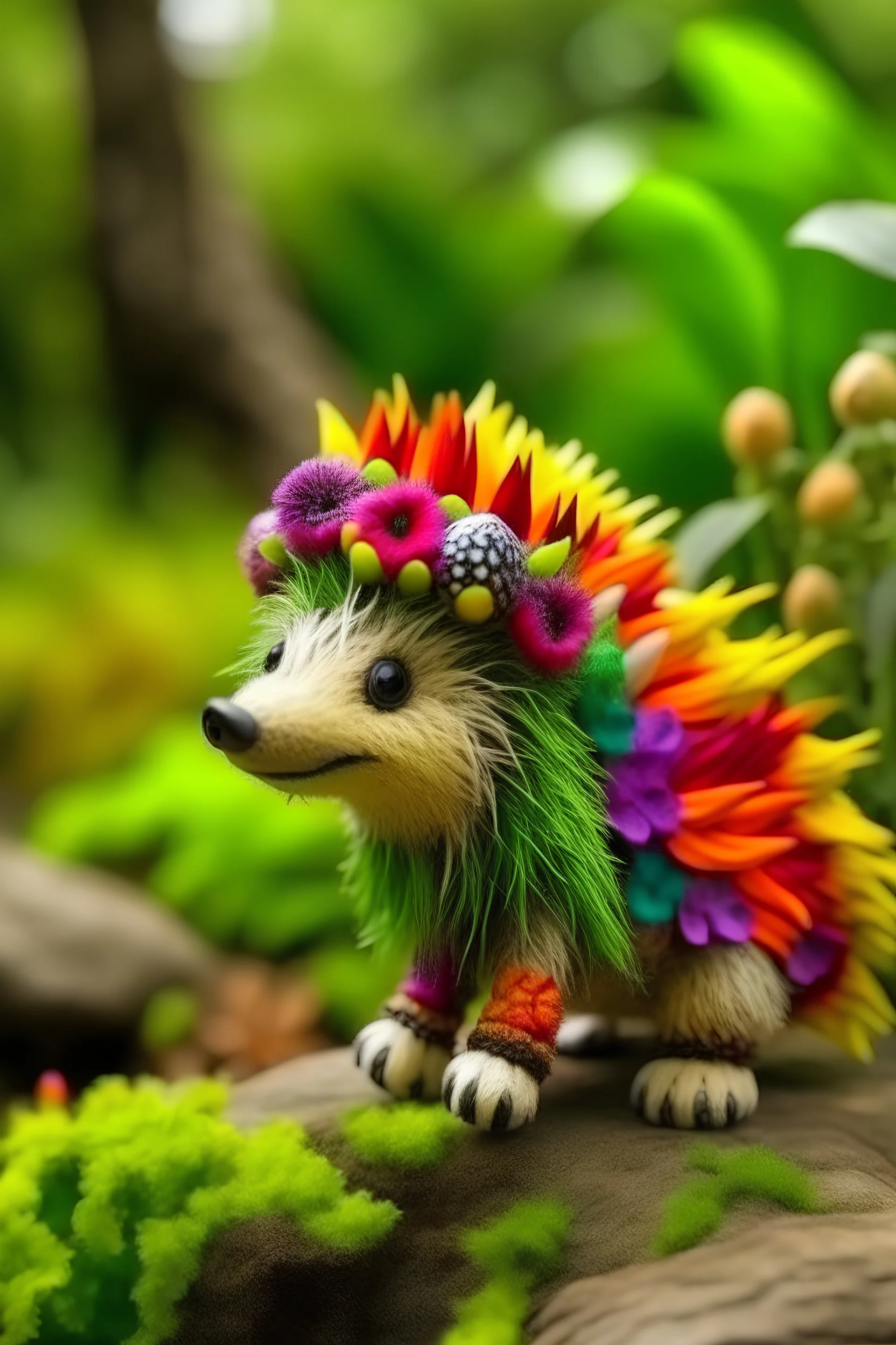 fabric hedgehog toy in Crocs, funny pants, mohawk, clearing, trees, flowers in the background