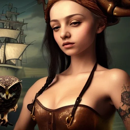 hyper realistic, young small cute girl, short black air, green eyes, with owl tatoo, dressed a steampunk pirate, bra with carved leather, Tintoretto ships in background. salvador dalì style. high details, meteor shower. 4k, unreal engine