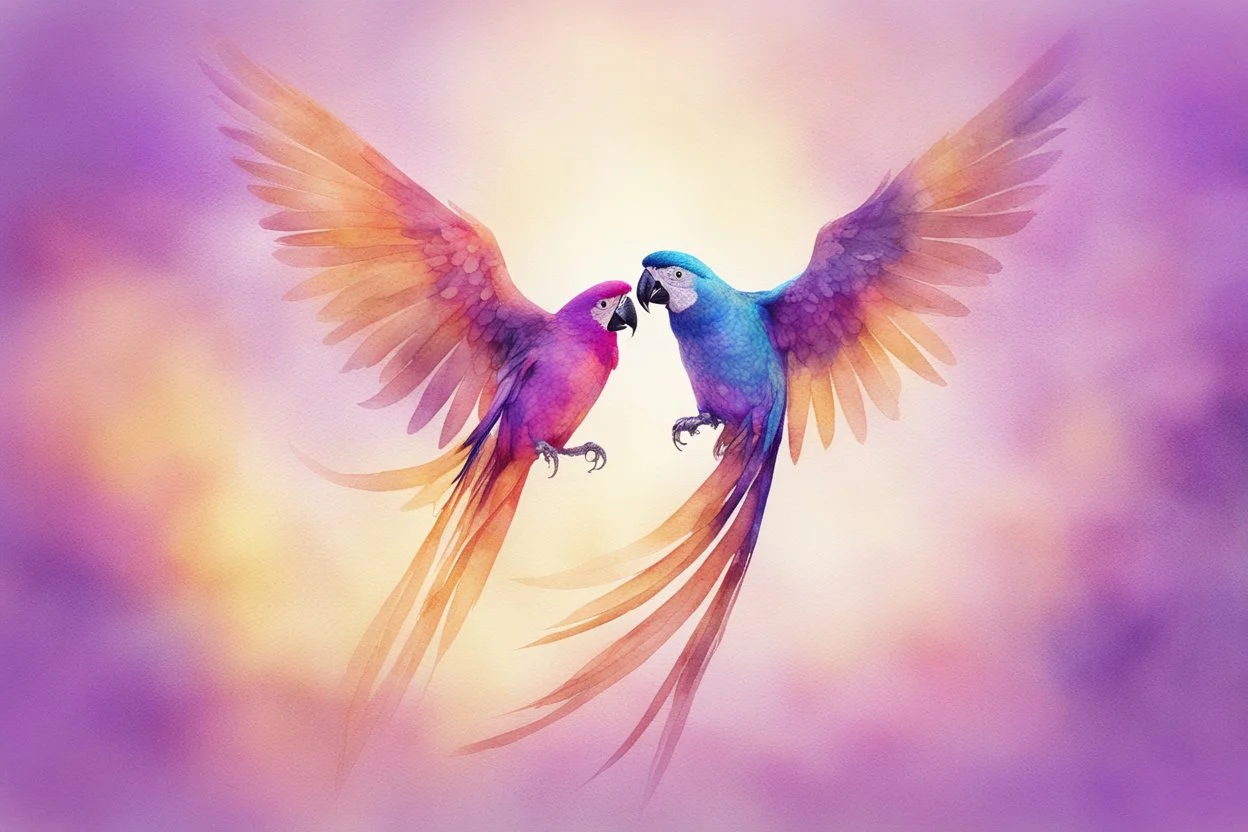 parrot-phoenix mix birds, a picture of togetherness, death, resurrection, purple in sunshine, watercolor and black ink outlines, sparkling golden glitter, ethereal, cinematic postprocessing, bokeh, dof