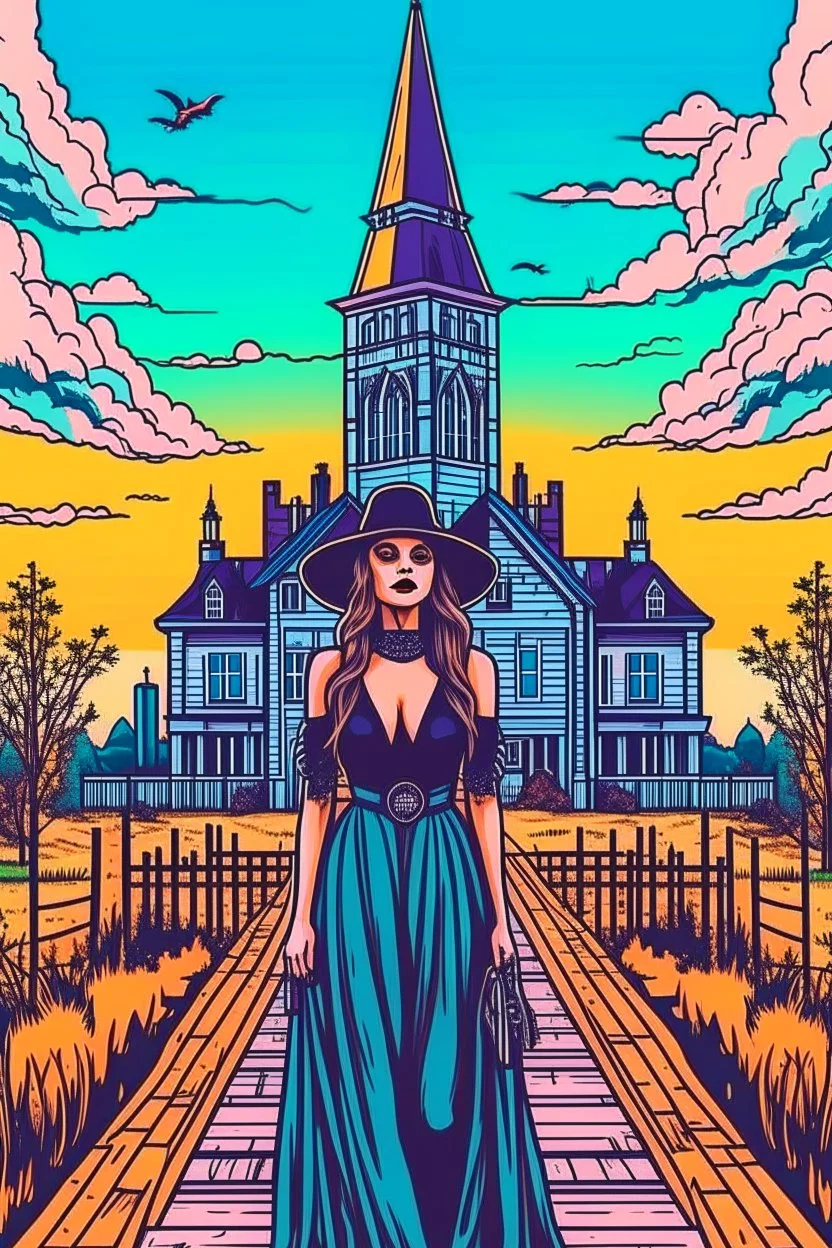 Woman looking like a modern day witch with flowing clothes with a city behind her