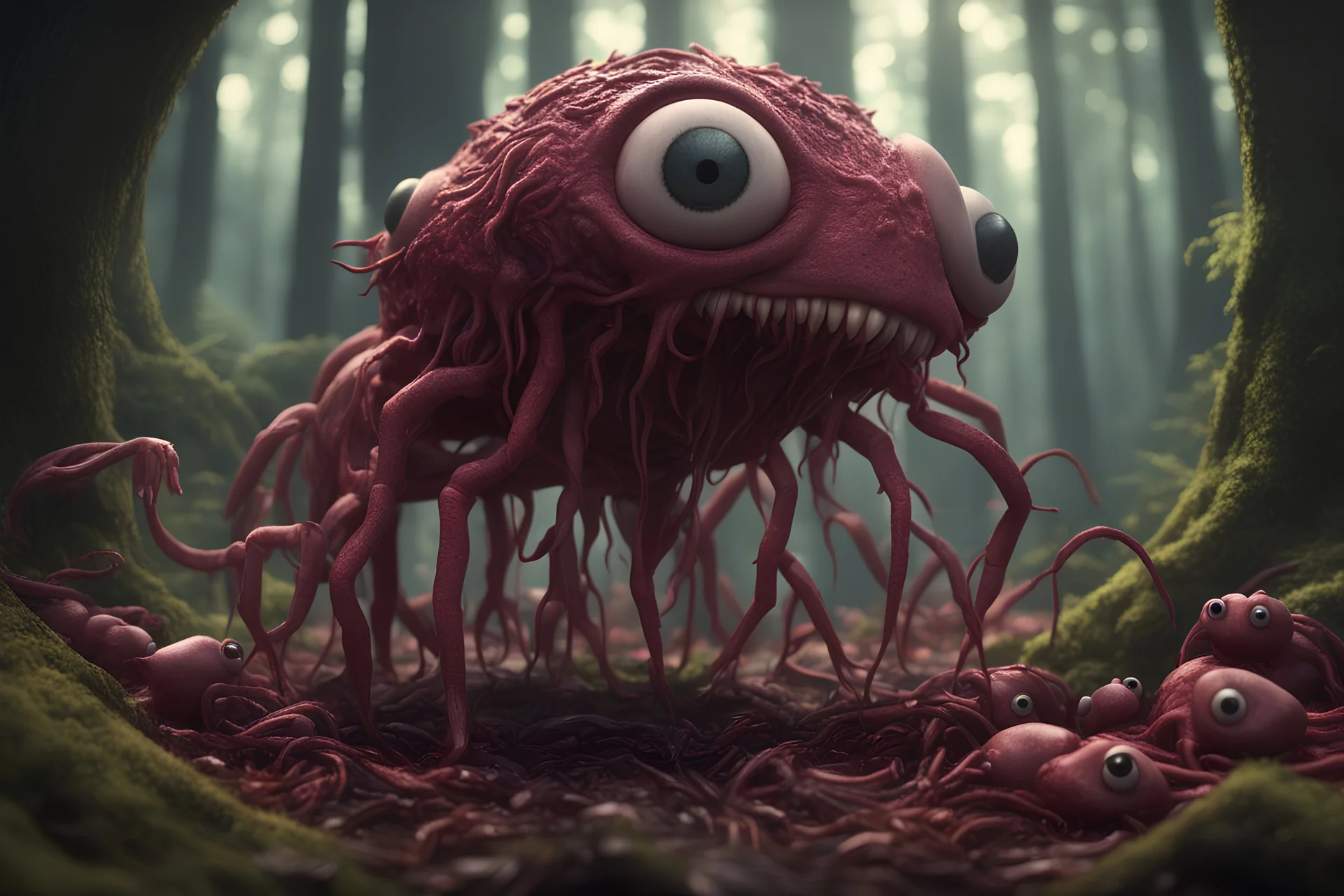 Rare parasite creature holding a girl meanwhile many worms streaming from his eyes in the forest, fullbody, macro photography, darkred tones,high detailed, 3d pixar disney the cinematic FKAA, TXAA, and RTX graphics technology employed for stunning detail.