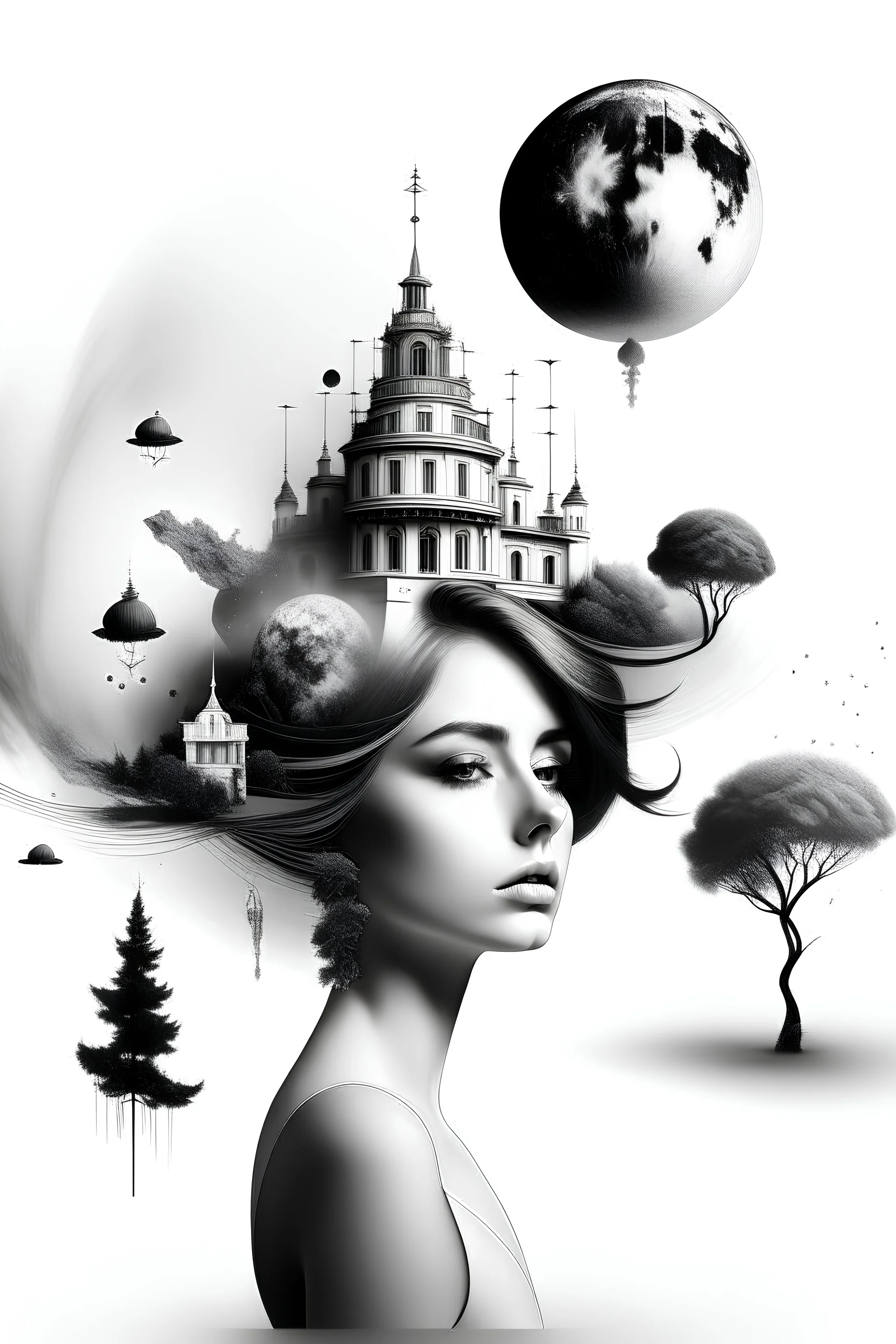 erstelle ein surrealistisches schwarz weiss bild, nur 1 zentrales bild mit weiße, hintergrund
