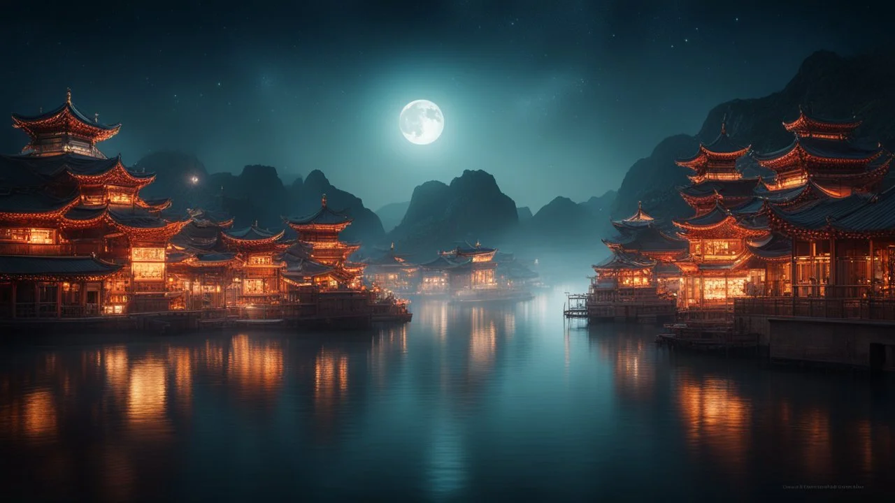 dream world, Chinese city harbour, calm beauty, fantasy world, magic, night, darkness, moonlight, starlight, splendor, uplifting, inspiring, therapeutic, chiaroscuro, color, award-winning colour photograph, beautiful composition, Nikon 135mm