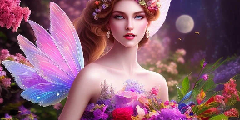 bright fairy, beautiful portrait, flowery landscape