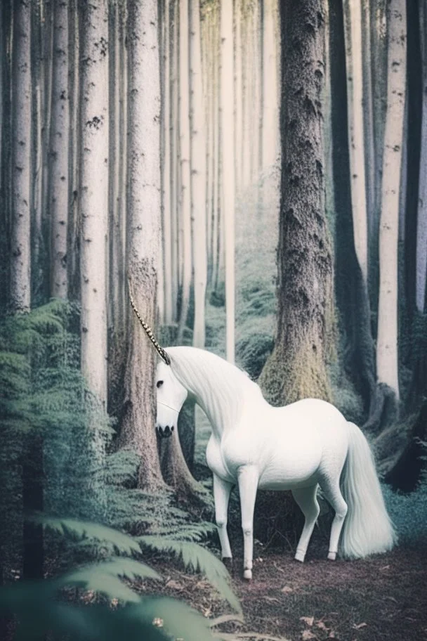 in a cosy vintage style, a white unicorn in a forest