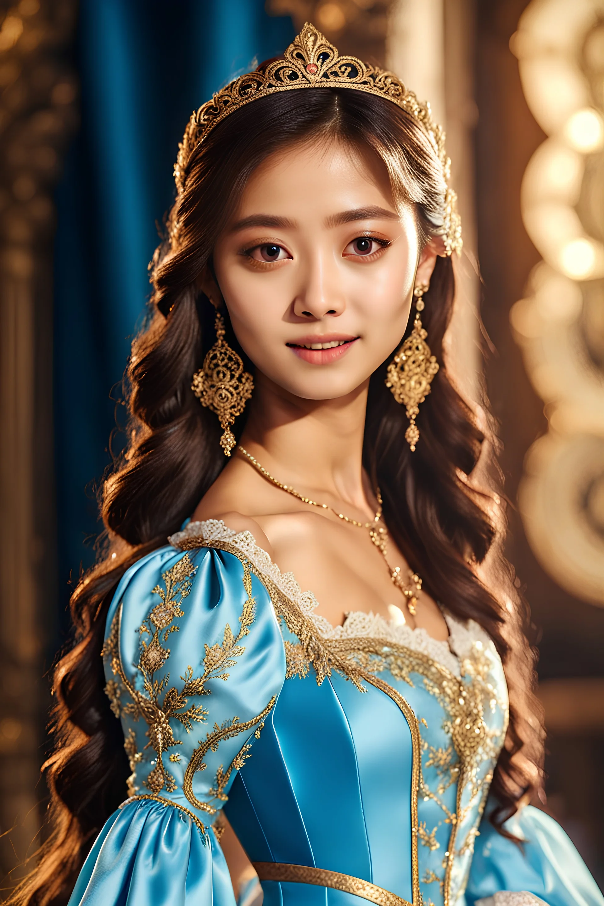 Chou Tzuyu from Twice girlband, 20 years old, sky blue medieval dress with golden medium Lace sleeve ((8k, best quality, masterpiece:1.3)),(realistic, photo-realistic:1.1), (picture-perfect face), (Highly detailed:0.1),flawless, clean, RAW photo:1.3,subsurface scattering,ultra detailed,extremely detailed face,(skin texture),perfect face, beautiful face, (beautiful eyes),((dark brown hair)), ((korean face))